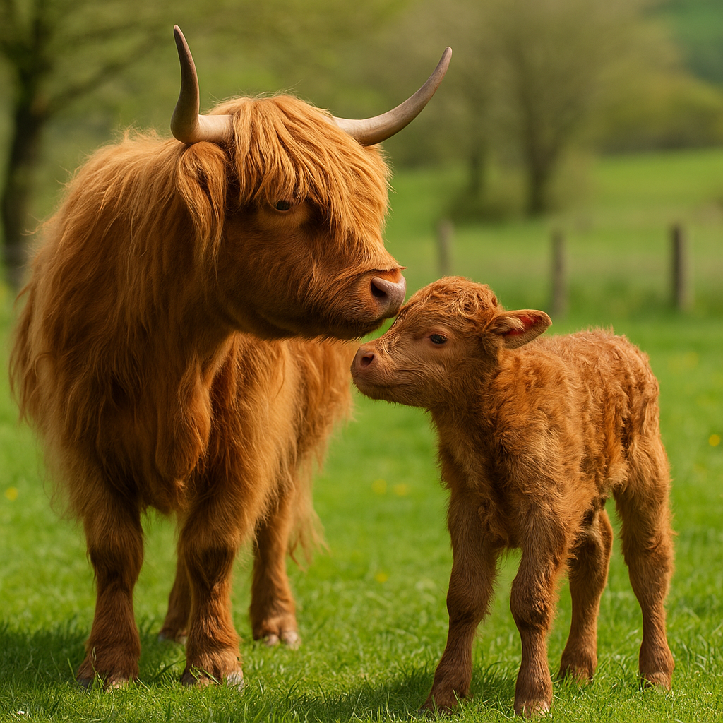 highland cow nuzzling her newborn calf in a grassy pasture during spring illustrating how highland cows reproduce